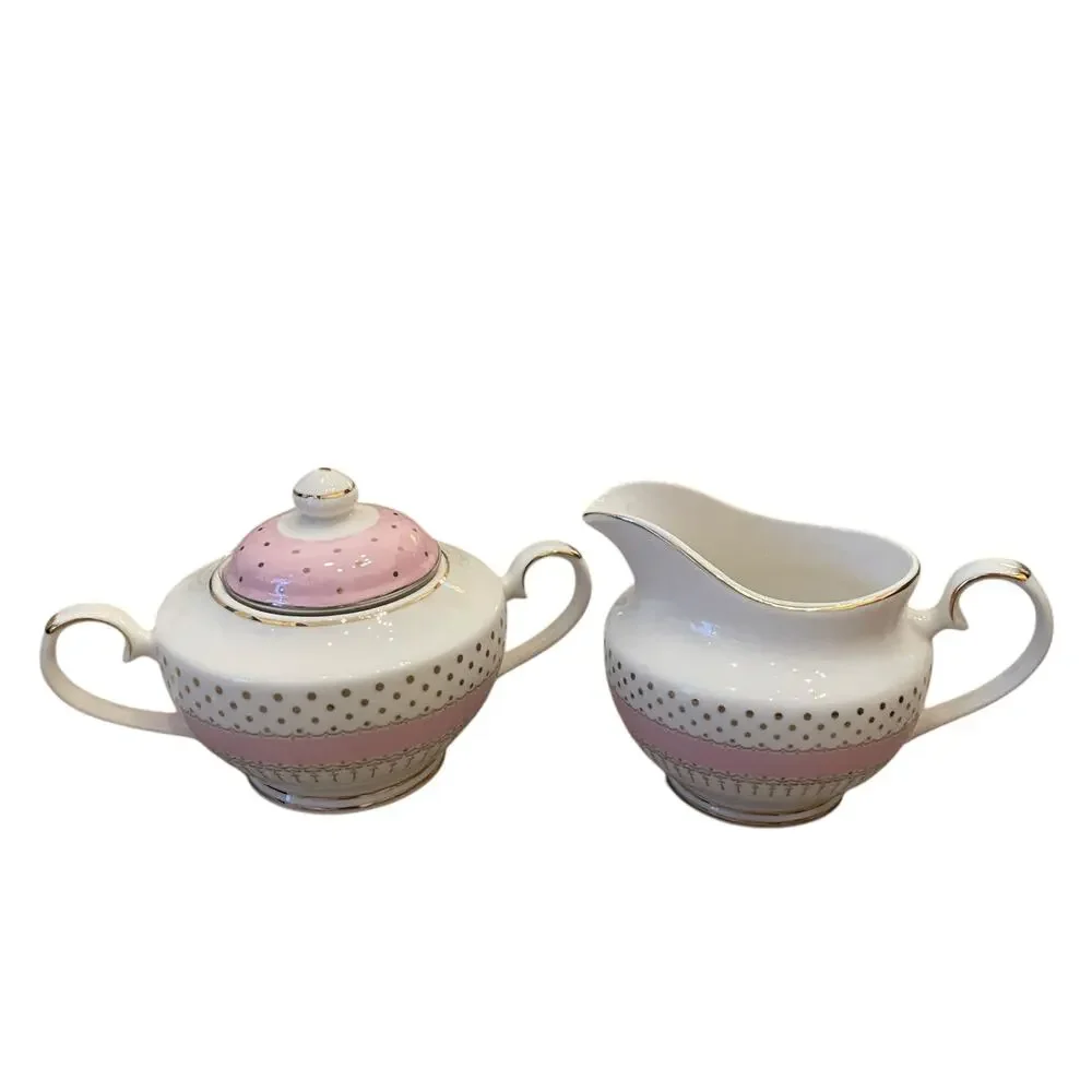 Grace Teaware Fine Porcelain Creamer & Sugar Bowl Pink White Gold Polka Dots New